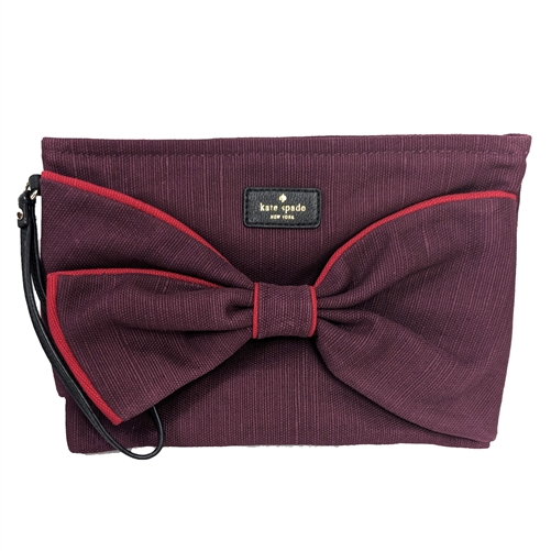 Kate Spade Burgundy Bow Wristlet Canvas Clutch  Elegant Zip Top Pouch