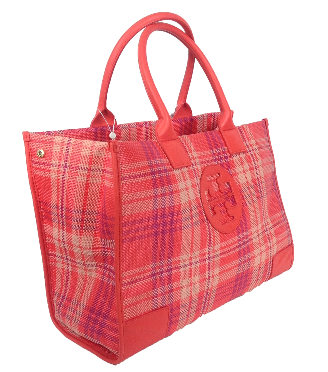 Tory Burch Ella Plaid Large Tote, Poppy Coral/Carnation