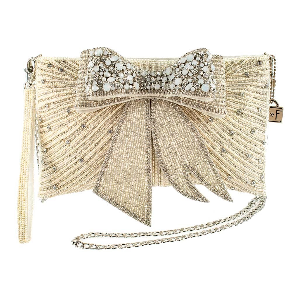 Mary Frances Pearl Persuasion Beaded Wristlet Evening Bag, Cream