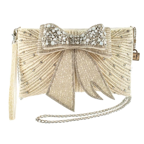 Mary Frances Cherish Crystal Bow Convertible Clutch Bridal Bag, Cream