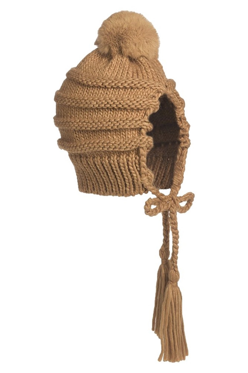 BCBGMAXAZRIA Cable Slouch Hat with Tassels Camel