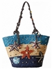 Blue Island Blue Island Starfish Shore Rattan Straw Tote Beach Bag, Blue Multi