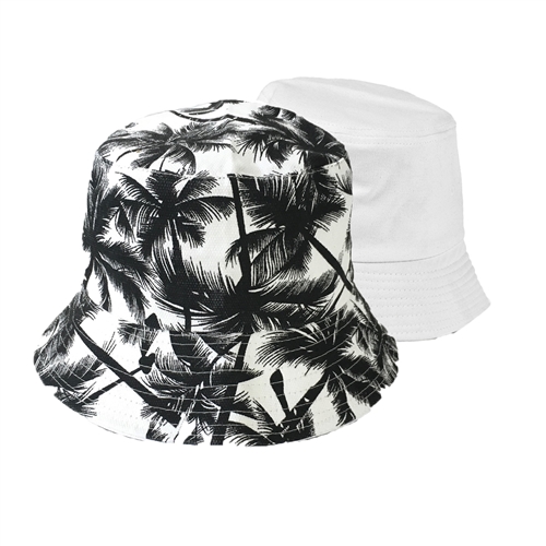 Blue Island Palm Tree Print Reversible Canvas Bucket Hat, Black/White