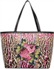 Betsey Johnson Lepard Print Rose Embroidered Patch Large Faux Leather Tote, Multi - ideal for leopard print, floral embroidery, statement bag, bold fashion.