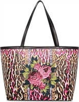 Betsey Johnson Lepard Print Rose Embroidered Patch Large Faux Leather Tote, Multi - ideal for leopard print, floral embroidery, statement bag, bold fashion.