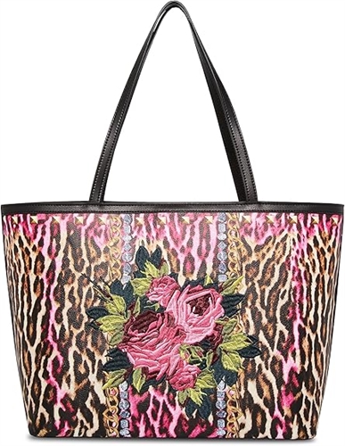 Betsey Johnson Lepard Print Rose Embroidered Patch Large Faux Leather Tote, Multi - ideal for leopard print, floral embroidery, statement bag, bold fashion.