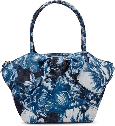 Betsey Johnson Bow-Nanza Floral Print Oversized Bow Denim Satchel Tote Blue BJ34960