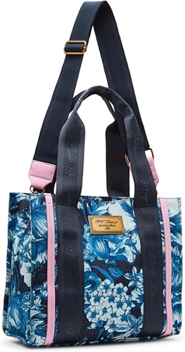 Betsey Johnson Floral Print Small Denim Tote Blue Denim tote bold skull and floral graphic for a unique look.