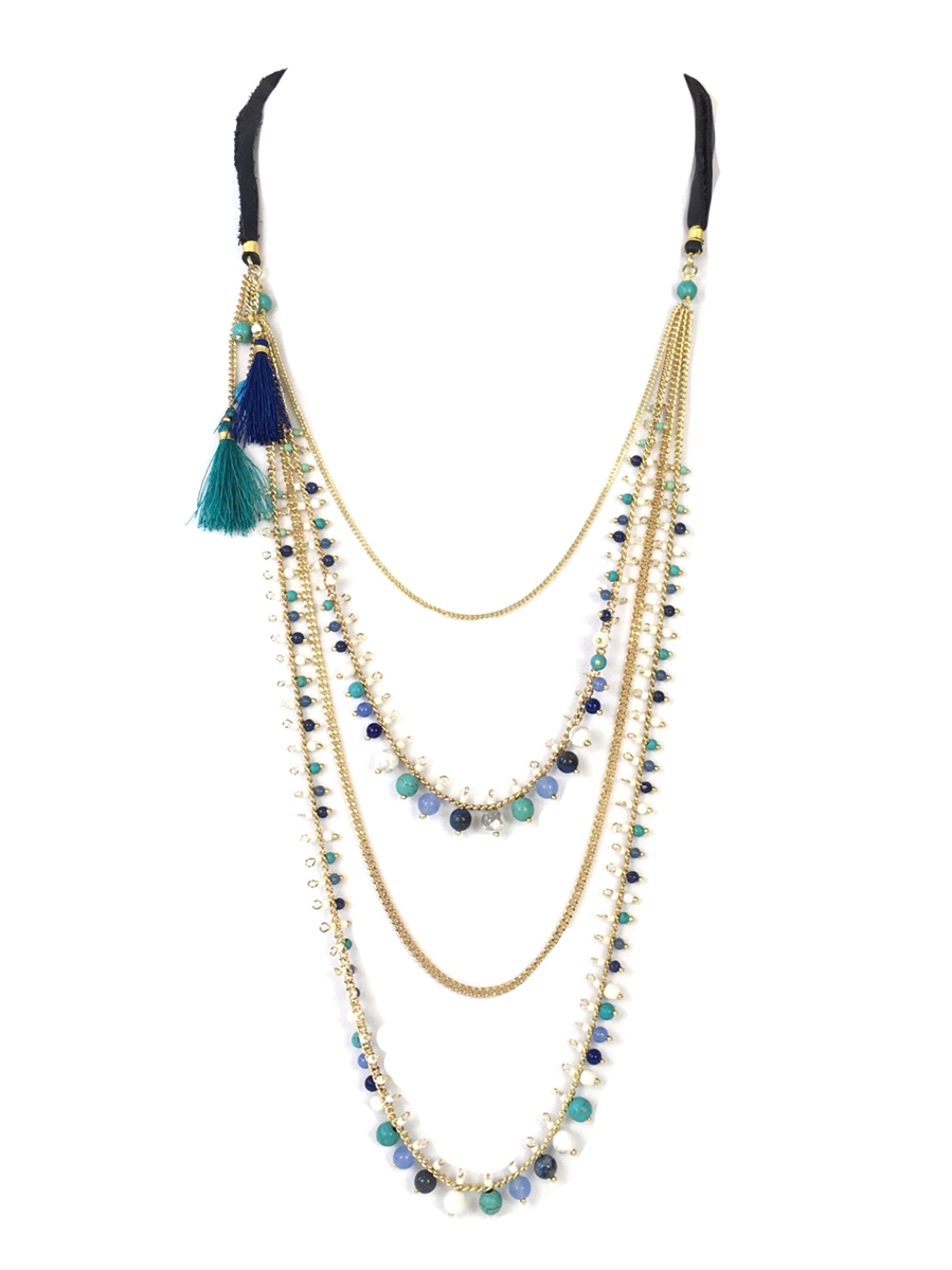 Nakamol Long Multi Layer Beaded Tassel Necklace, Blue Multi