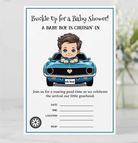 Custom Baby Boy Shower Fill In Invitations - Classic Race Car Cruisin' In Cards (5x7) - 12 Count Blue