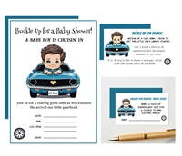 Custom Classic Race Car Baby Shower Invitation Bundle: Fill-In Invites, Books for Baby & Diaper Raffle (Set of 20) (Boy Blue)