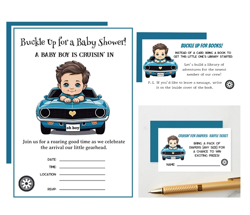 Custom Classic Race Car Baby Shower Invitation Bundle: Fill-In Invites, Books for Baby & Diaper Raffle (Set of 20) (Boy Blue)