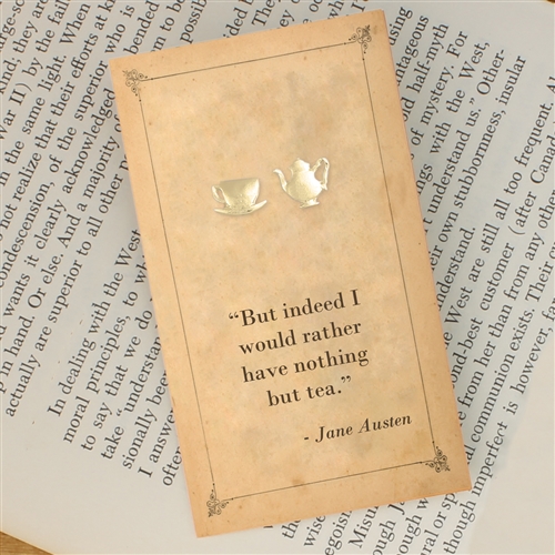 Literary Quotes Jane Austen Tea Kettle & Cup Mismatch Mini Stud Earrings, Gold