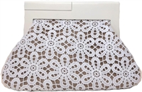 Fashion Culture Elegant Floral Lace Jute Ruched Clutch Handbag Wood Frame, Natural/White