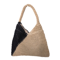 Fashion Culture Women's Pierre Chic Crochet Raffia Color Block Triangle Bucket Shoulder Bag, Natural/Black