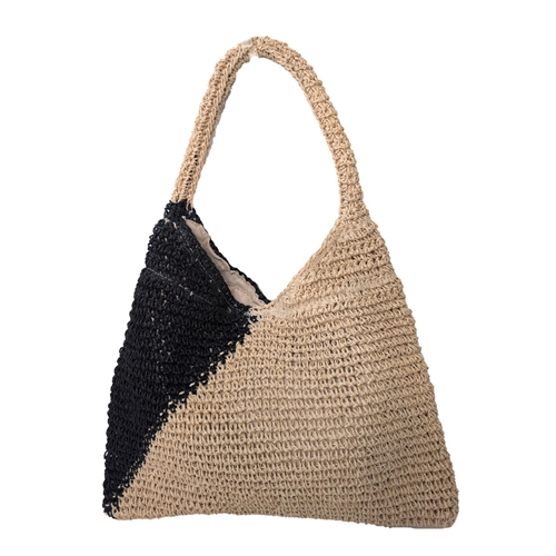 Fashion Culture Women's Pierre Chic Crochet Raffia Color Block Triangle Bucket Shoulder Bag, Natural/Black