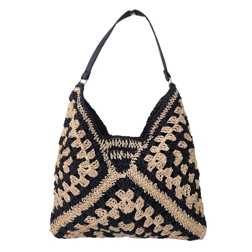 Fashion Culture Women's Pala Bohemian Crochet Patchwork Shoulder Bag (Natural/Black)