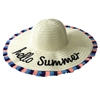 Fashion Culture Hello Summer Embroidered Straw Packable Sun Hat w Colorful Fringe Trim, Beige | Packable Floppy Sun Hat for Beach and UV Protection