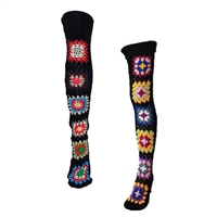 Fashion Culture Granny Square Crochet Knit Leg Warmer Thigh-High Stockings, Black Multi