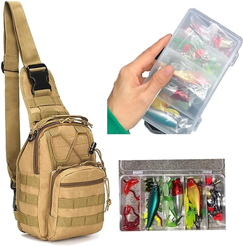 Fishing Tackle Backpack Sling Bag with 78pcs Fishing Lure Tackle Box Fishing Kit, Khaki