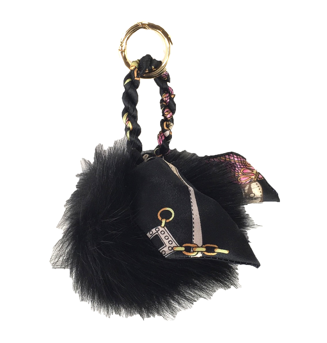 Fox fur ball pom pom bag charm tassel keychain in Black