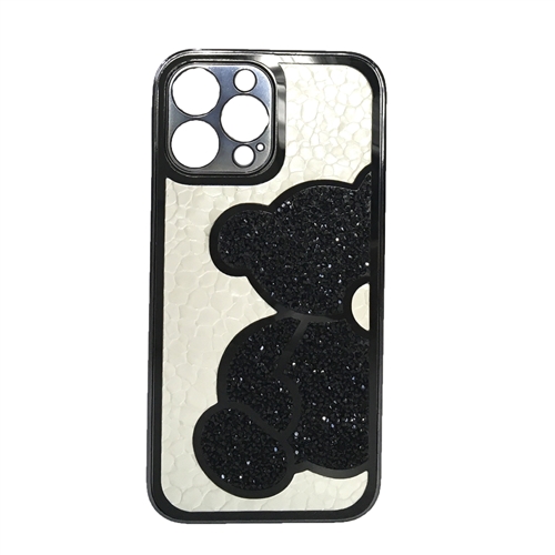 Fashion Culture Bling Bear Crystal Accented Phone Case for iPhone 13 Pro Max,  Black White