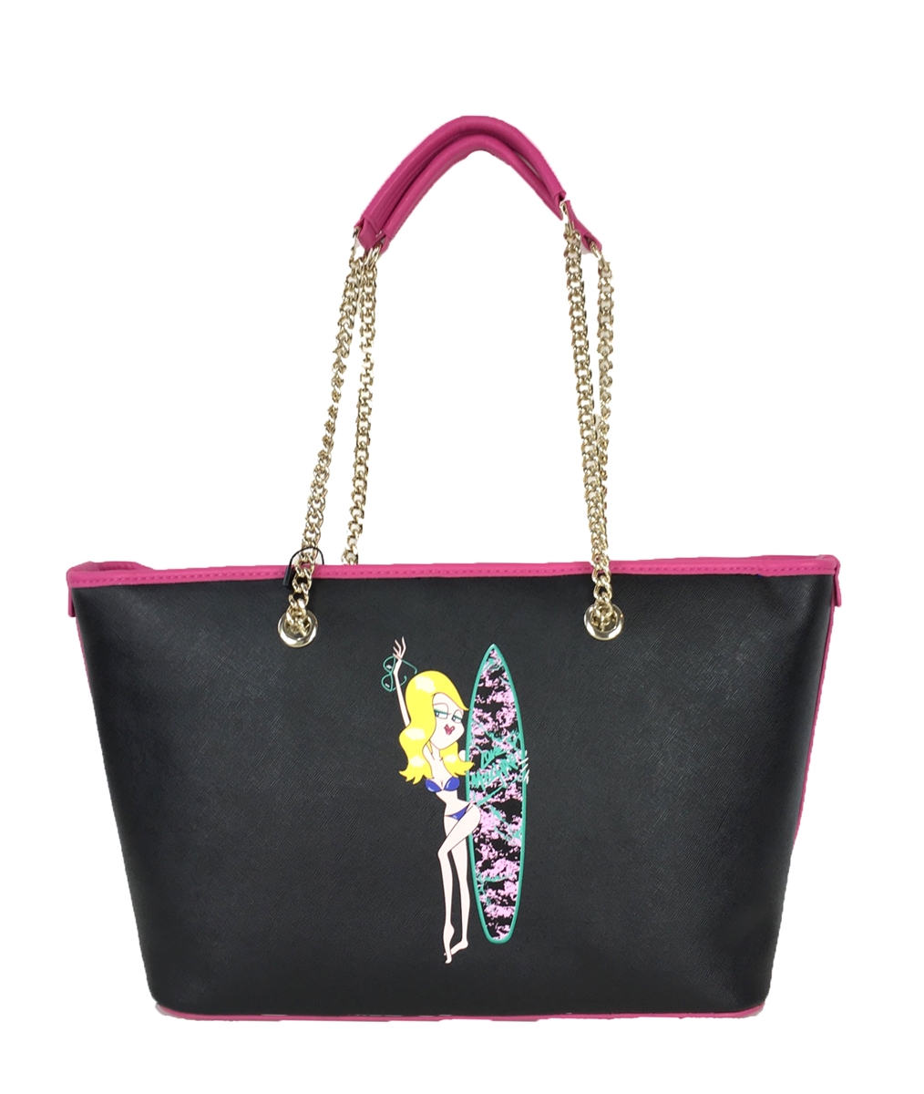 Love Moschino Aloha Surfer Girl Saffiano PVC Tote Black Multi