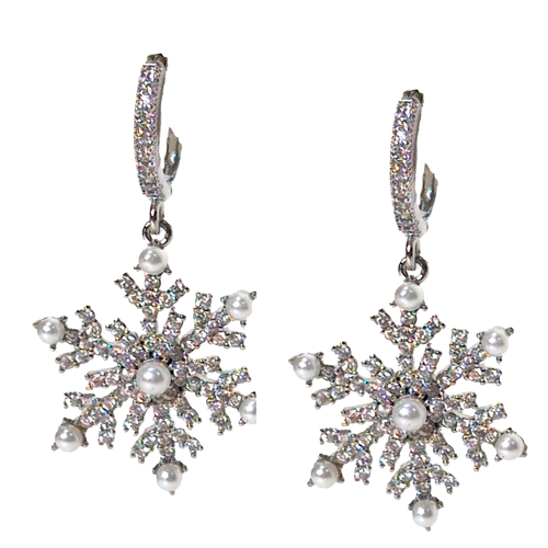 Jewelry Collection Elegant Crystal Snowflake Dangle Earrings with Pearl Beads â€“ Festive Holiday Jewelry