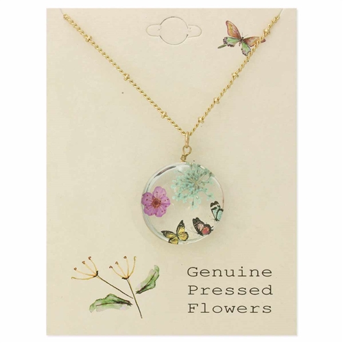 Zad Jewelry Women's Cottage Charm: Floral Butterfly Dried Flower Acrylic Pendant Necklace, Multicolored