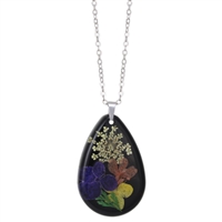 Zad Jewelry Women's Nighttime Moonlight Garden Pressed Flower Teardrop Pendant Necklace, Black, Gold, N5739