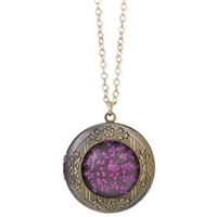 Natural Beauty Vintage Style Pressed Purple Dried Flower Locket Necklace, Antique Gold