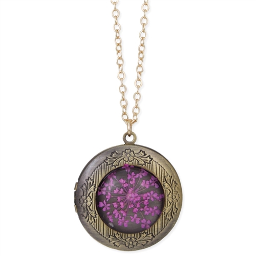 Natural Beauty Vintage Style Pressed Purple Dried Flower Locket Necklace, Antique Gold