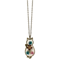 Zad Jewelry Women's Cottage Vintage Floral Feline Dried Flower Cat Necklace, Burnished, N7041