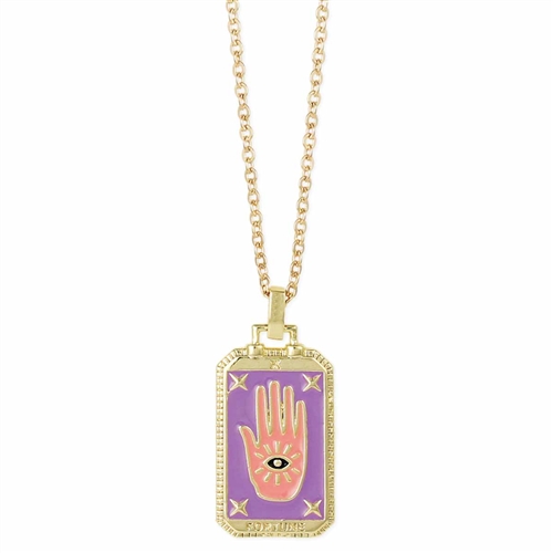 Zad Jewelry Women's Good Fortune Tarot Card Necklace Enamel Hand of Fatima Spiritual Pendant, Purple, Gold, N9028