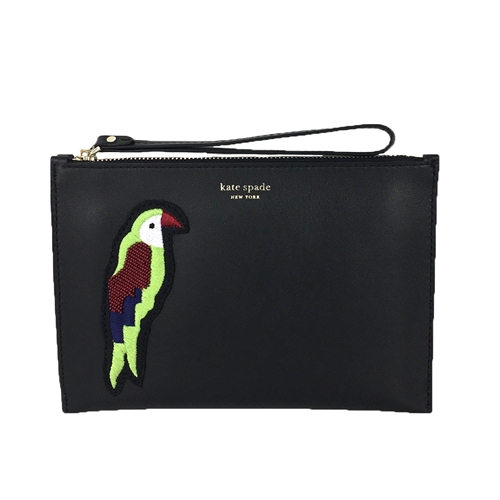 Kate Spade Flock Party Parrot Applique Black Leather Wristlet