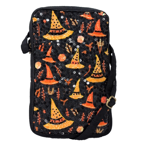 BTC Bewitching Charms Witch Hat Sequin Beaded XL Phone Crossbody Pouch Bag, Black Orange