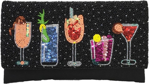 BTC Hand Beaded Cocktail Evening Clutch â€“ Black Sequin Party Bag with Happy Hour Cocktails Drink Design and Shoulder Strap