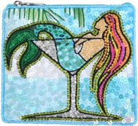 BTC Mermaid Martini Essential Pouch Beaded Zip Card Case Coin Purse, Blue Multicolor - Unique Beaded Pouch, Great Gift Idea