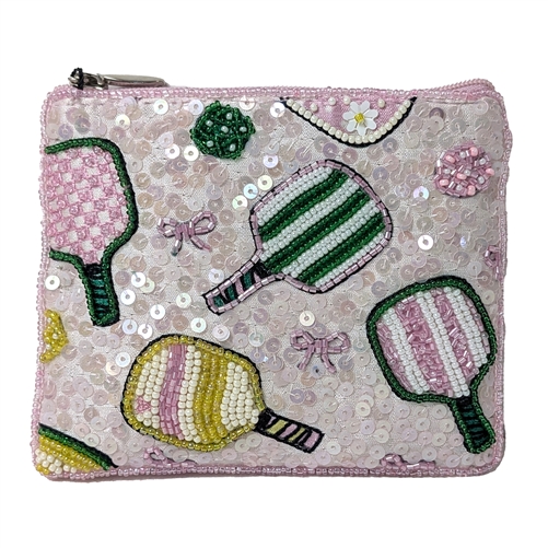 Pickleball Chic Beaded & Sequined Zip Card Case Essential Pouch Coin Purse Pink Multi