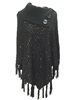 Tan's Sequin Cowl Turtleneck Poncho Sweater, One Size, Black