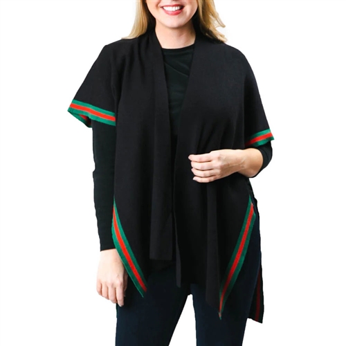 Amelia Classic Black Open-Front Poncho Wrap Red and Green Striped Trim